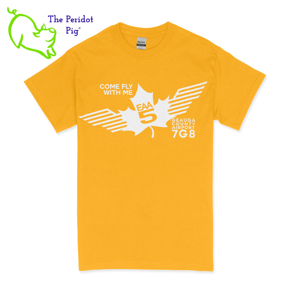 Crafted from a soft and comfortable material, this t-shirt features a loose cut and the EAA Chapter 5 logo in your choice of color on the front. These also have the slogan, "Come Fly With Me". You can also chose from six different colors for the shirt. The back is left blank for a classic, minimalist look. Front view Yellow-White shown.