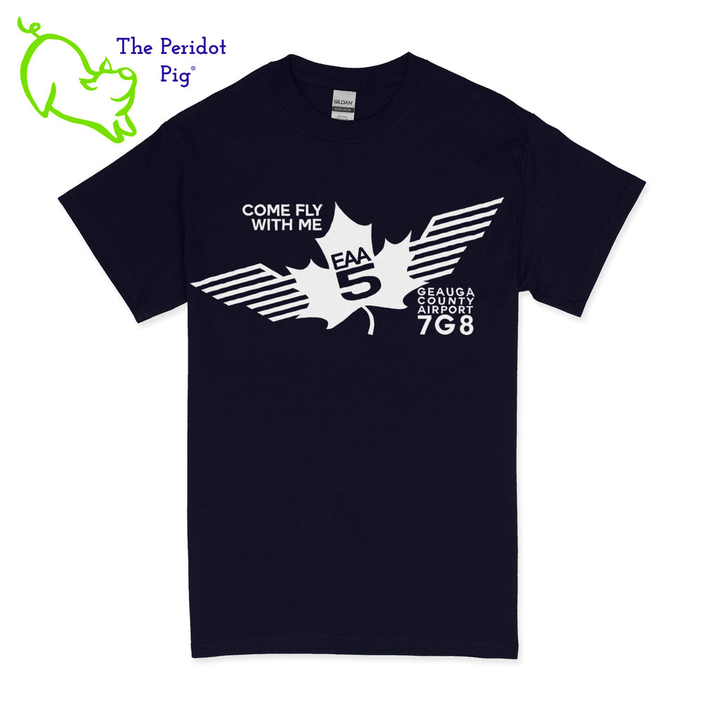 Crafted from a soft and comfortable material, this t-shirt features a loose cut and the EAA Chapter 5 logo in your choice of color on the front. The slogan, "Come Fly With Me" is also included. You can also chose from six different colors for the shirt. The back is left blank for a classic, minimalist look. Front view Navy-White shown.