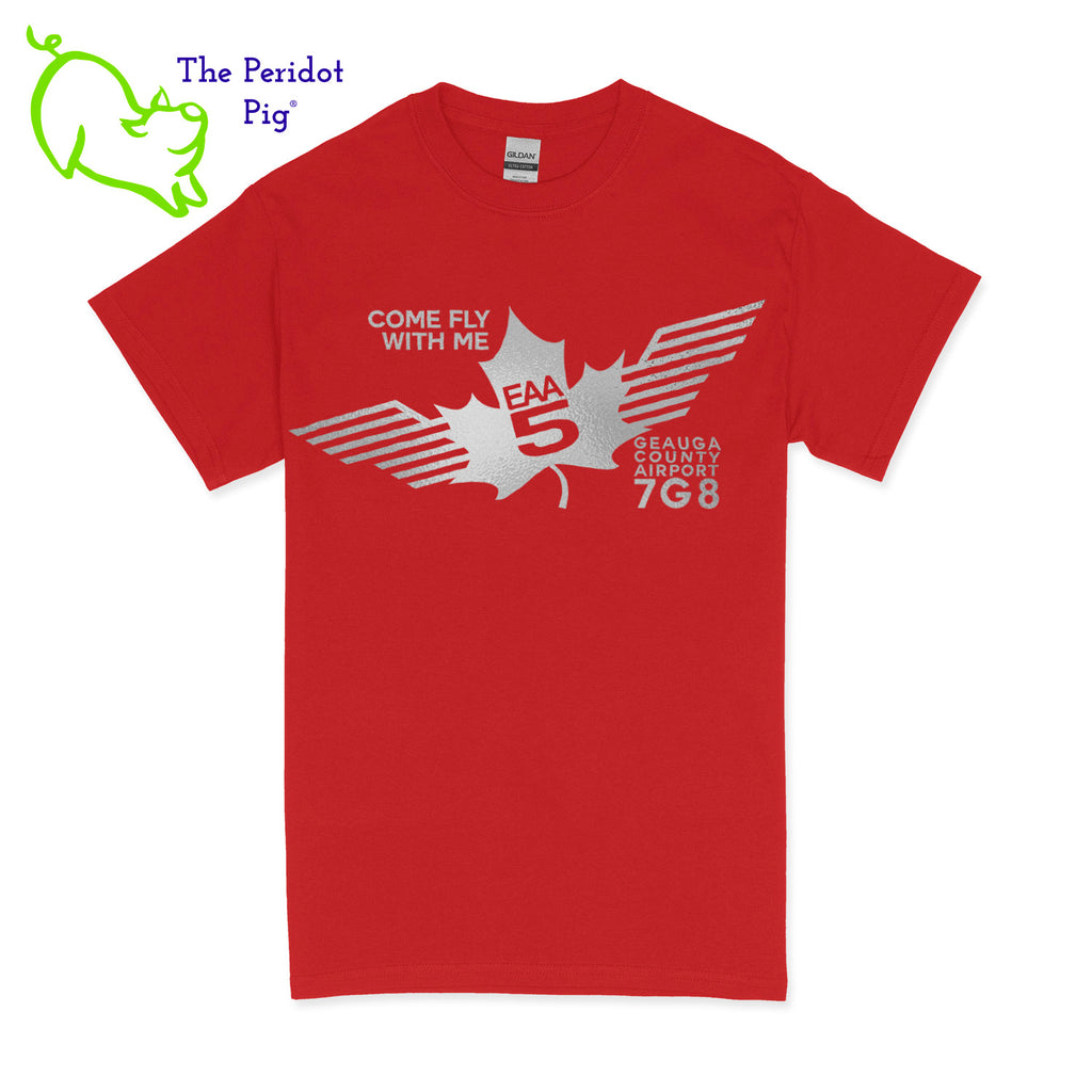 Crafted from a soft and comfortable material, this t-shirt features a loose cut and the EAA Chapter 5 logo in your choice of color on the front. The slogan, "Come Fly With Me" is also included. You can also chose from six different colors for the shirt. The back is left blank for a classic, minimalist look. Front view Red-Silver shown.