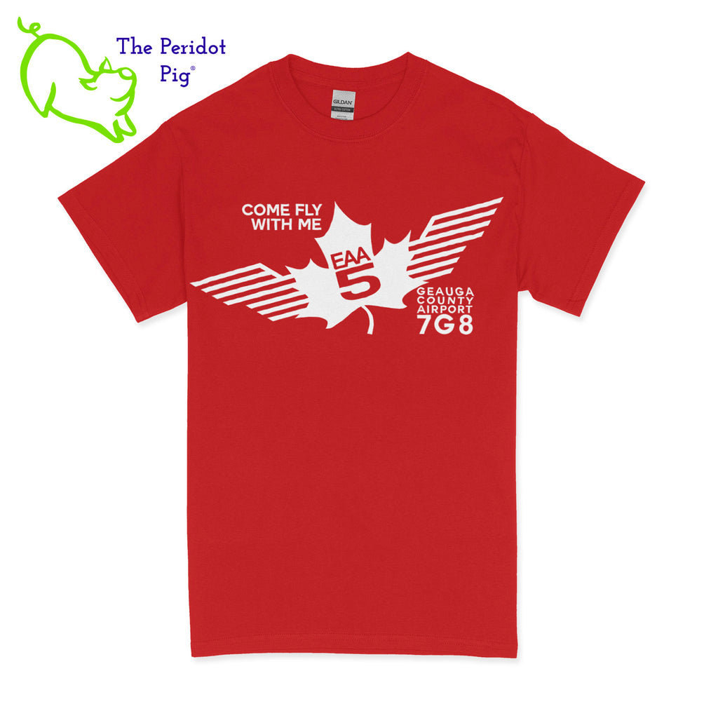 Crafted from a soft and comfortable material, this t-shirt features a loose cut and the EAA Chapter 5 logo in your choice of color on the front. The slogan, "Come Fly With Me" is also included. You can also chose from six different colors for the shirt. The back is left blank for a classic, minimalist look. Front view Red-White shown.