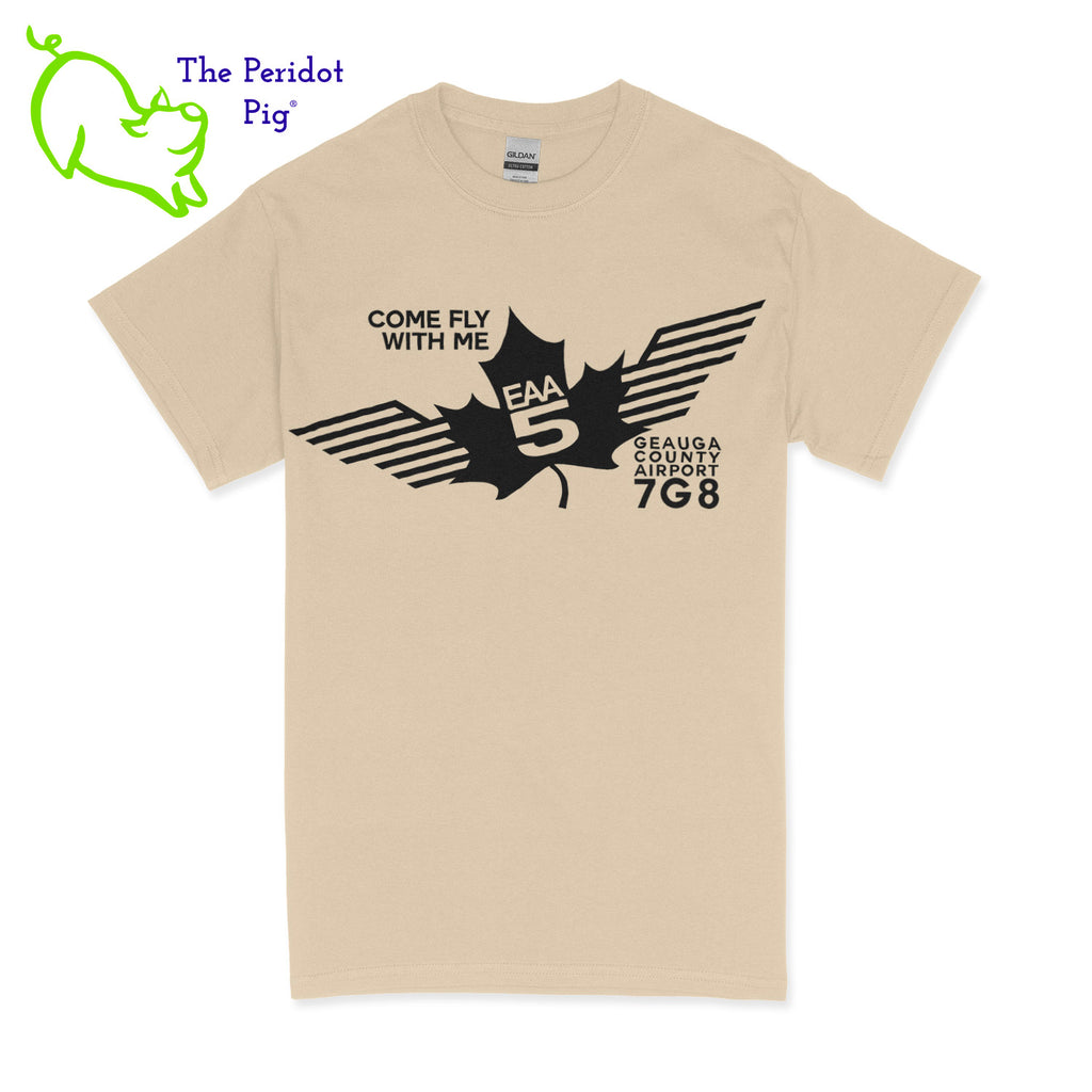Crafted from a soft and comfortable material, this t-shirt features a loose cut and the EAA Chapter 5 logo in your choice of color on the front. The slogan, "Come Fly With Me" is also included. You can also chose from six different colors for the shirt. The back is left blank for a classic, minimalist look. Front view Sand-Black shown.