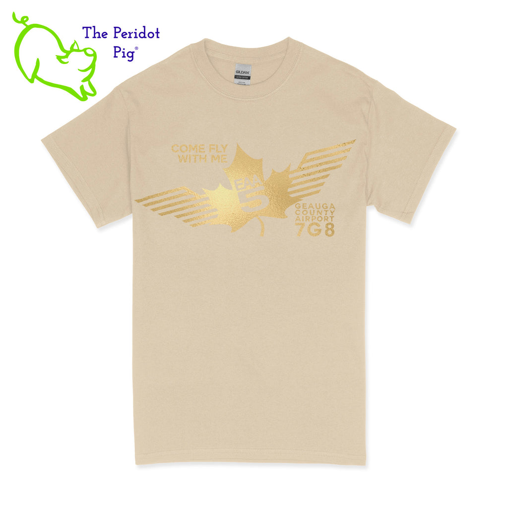 Crafted from a soft and comfortable material, this t-shirt features a loose cut and the EAA Chapter 5 logo in your choice of color on the front. These also have the slogan, "Come Fly With Me". You can also chose from six different colors for the shirt. The back is left blank for a classic, minimalist look. Front view Sand-Gold shown.