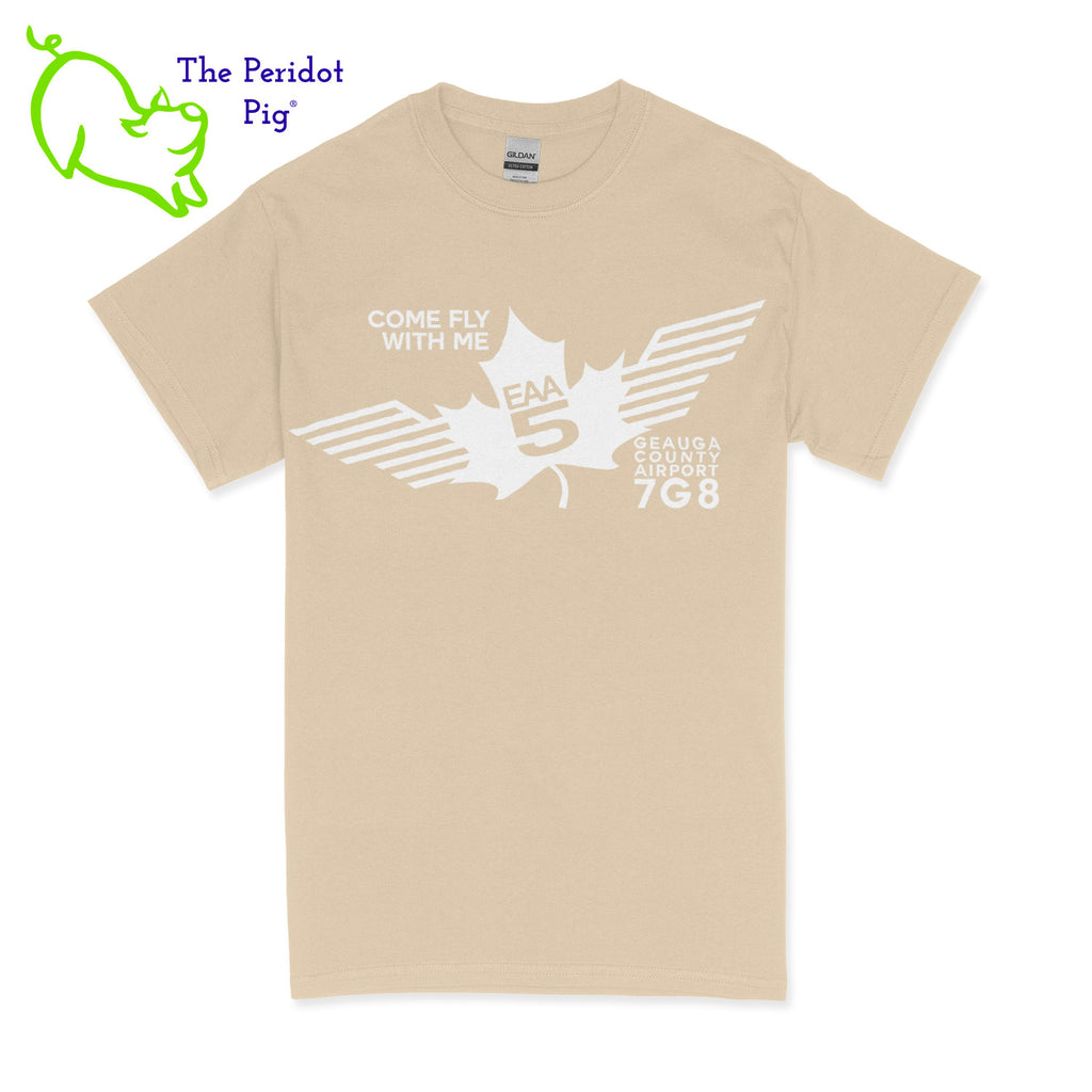 Crafted from a soft and comfortable material, this t-shirt features a loose cut and the EAA Chapter 5 logo in your choice of color on the front. These also have the slogan, "Come Fly With Me". You can also chose from six different colors for the shirt. The back is left blank for a classic, minimalist look. Front view Sand-White shown.