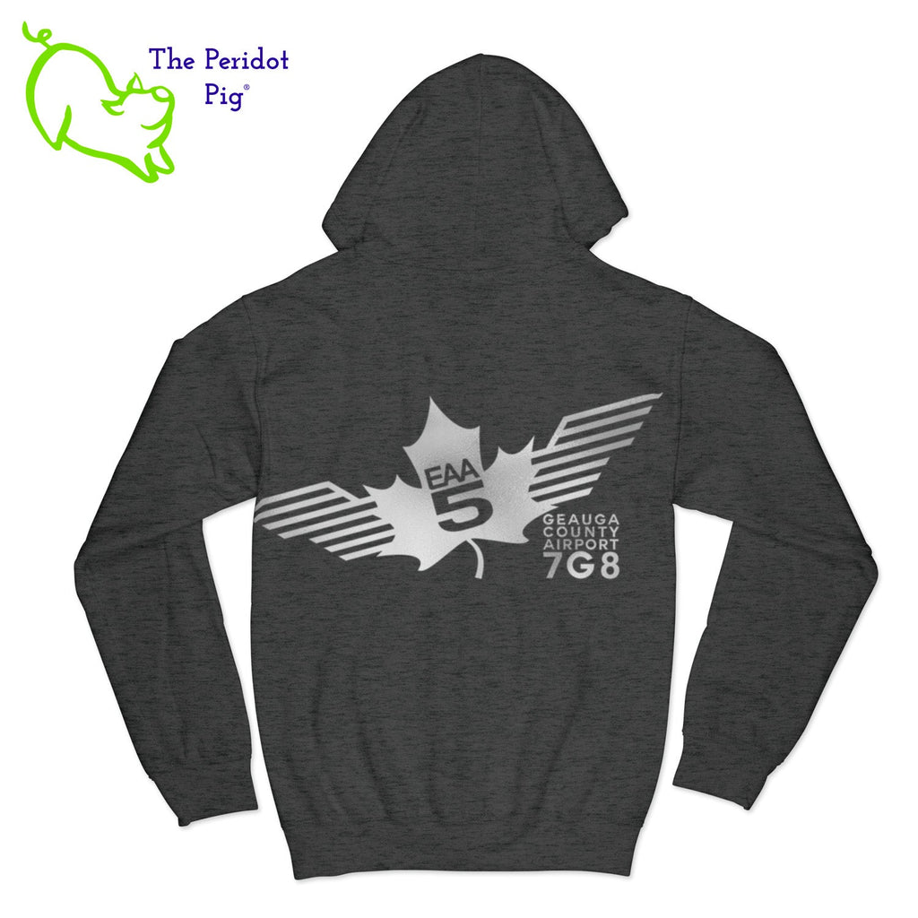 Crafted from a soft and comfortable material, this hoodie features a loose cut and the EAA Chapter 5 logo in your choice of color on the front and back. You can also chose from four different colors for the hoodie. The front has a small logo on the left chest area. The back has the larger version of the logo. Back view shown in Dark Heather Gray with silver.