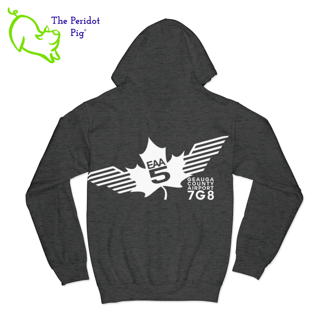 Crafted from a soft and comfortable material, this hoodie features a loose cut and the EAA Chapter 5 logo in your choice of color on the front and back. You can also chose from four different colors for the hoodie. The front has a small logo on the left chest area. The back has the larger version of the logo. Back view shown in Dark Heather Gray with white.