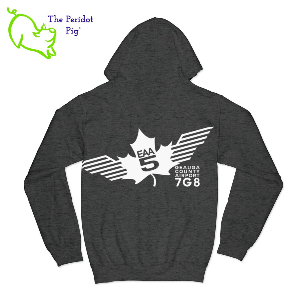 Crafted from a soft and comfortable material, this hoodie features a loose cut and the EAA Chapter 5 logo in your choice of color on the front and back. You can also chose from four different colors for the hoodie. The front has a small logo on the left chest area. The back has the larger version of the logo. Back view shown in Dark Heather Gray with white.
