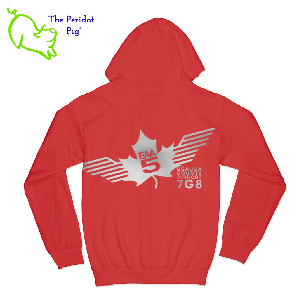 Crafted from a soft and comfortable material, this hoodie features a loose cut and the EAA Chapter 5 logo in your choice of color on the front and back. You can also chose from four different colors for the hoodie. The front has a small logo on the left chest area. The back has the larger version of the logo. Back view shown in Red with silver.