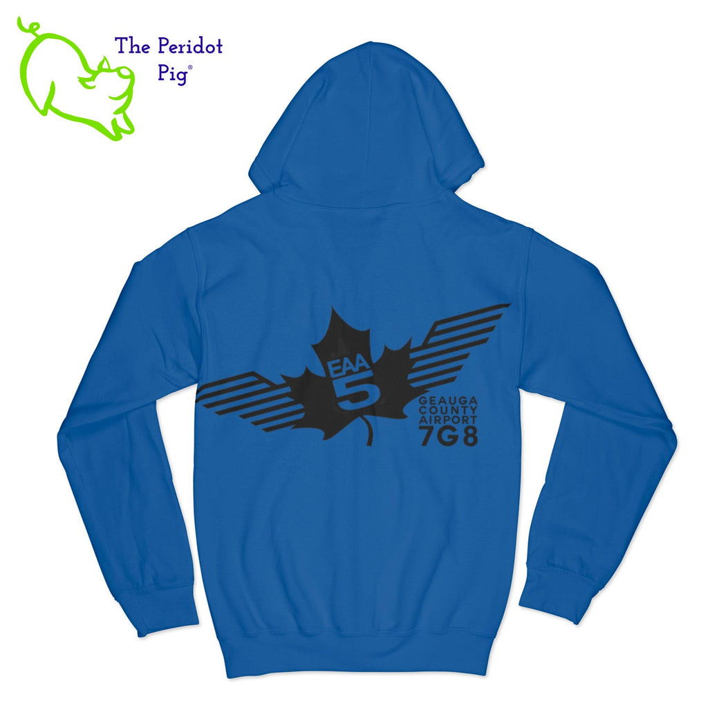 Crafted from a soft and comfortable material, this hoodie features a loose cut and the EAA Chapter 5 logo in your choice of color on the front and back. You can also chose from four different colors for the hoodie. The front has a small logo on the left chest area. The back has the larger version of the logo. Back view shown in Royal with black.