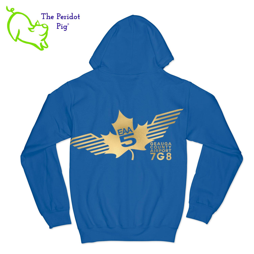 Crafted from a soft and comfortable material, this hoodie features a loose cut and the EAA Chapter 5 logo in your choice of color on the front and back. You can also chose from four different colors for the hoodie. The front has a small logo on the left chest area. The back has the larger version of the logo. Back view shown in Royal with gold.