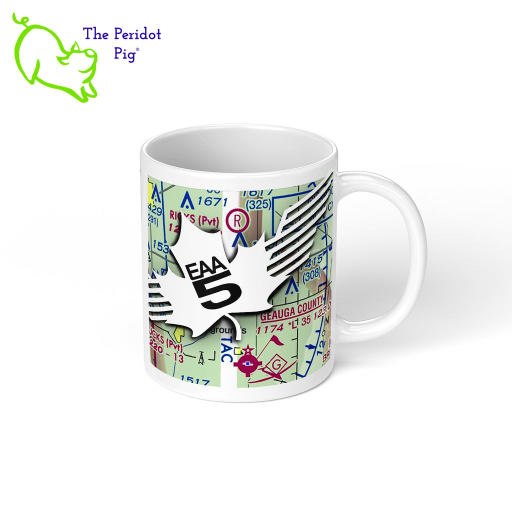 The perfect coffee mug for the EAA Chapter 5 member or fan. These glossy white mugs are printed with a snapshot of an Geauga County aeronautical chart with the EAA Chapter 5 logo and URL on top. Printed using vibrant color in a permanent ink. Right view shown.