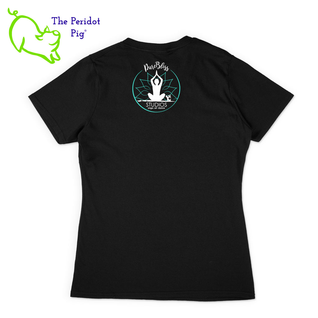 You'll be the biggest fan around of this 100% cotton tee. The front features an image of a prayer position yogi seated on a heartbeat with a heart, and 'love' is printed on the lower left side. The back showcases the Pure Bliss Studios logo. Back view shown in black.