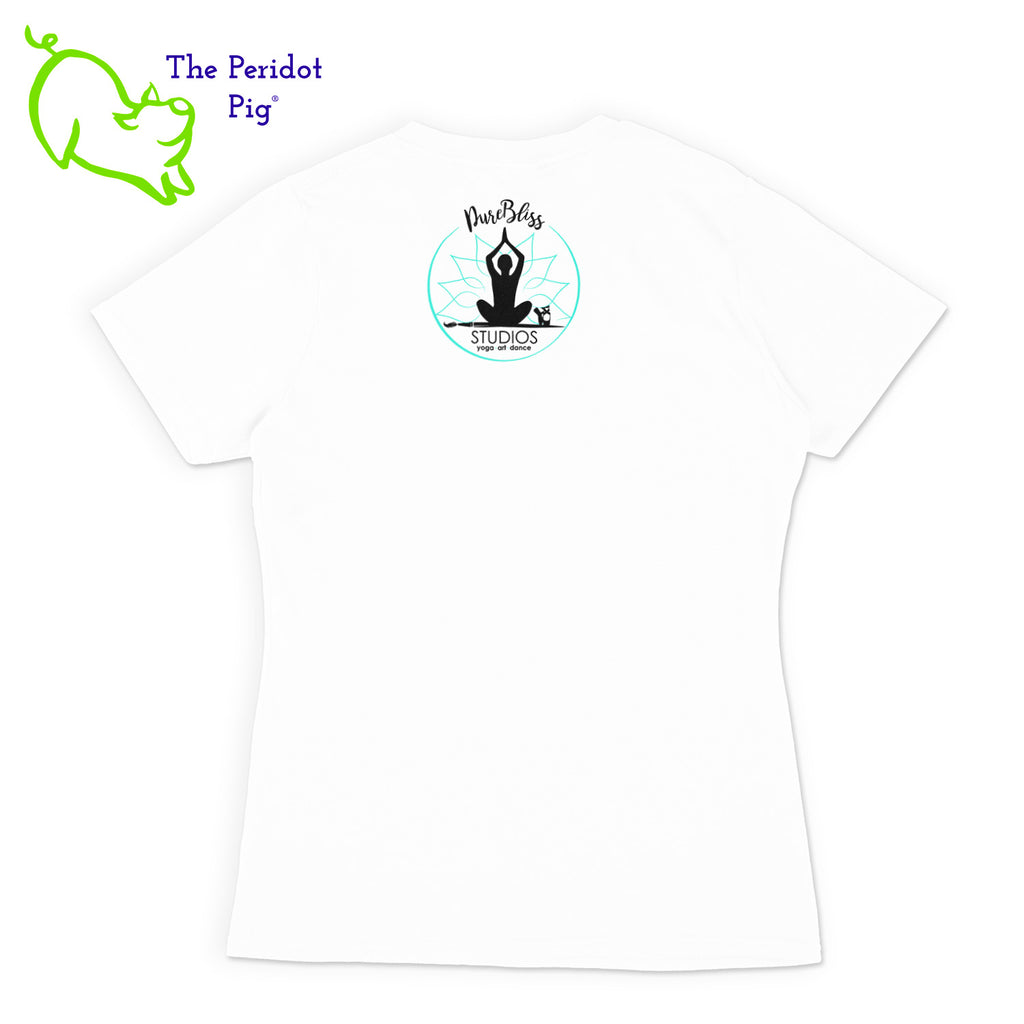 You'll be the biggest fan around of this 100% cotton tee. The front features an image of a prayer position yogi seated on a heartbeat with a heart, and 'love' is printed on the lower left side. The back showcases the Pure Bliss Studios logo. Back view shown in white.