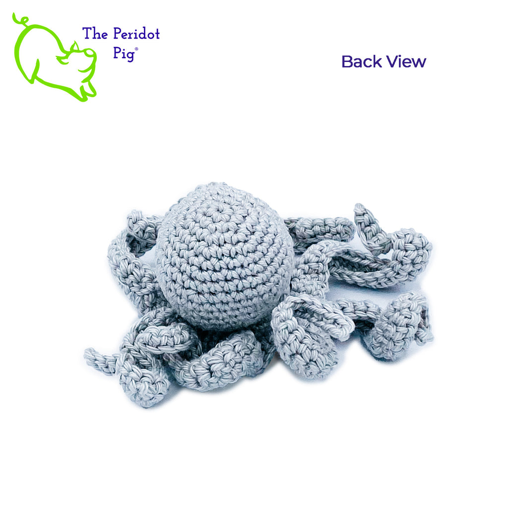Leggy is made from sturdy cotton and is meant to last a life-time.  The safety eyes are securely attached, but for children under 3 please use with supervision. Back view shown in gray.