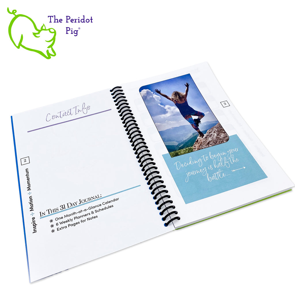 Kristin Zako has developed this personalized journal to organize your weekly schedule. The journal is printed on 32 bond 5.5 x 8" paper which is a joy to write in. Colorful pages and illustrations help lay out your monthly, weekly and daily plans. The front cover is a beautiful blue with a cutout around her logo. The back is a bright green cover stock. All of the 122 pages are bound in a spiral coil allowing the journal to lie flat or fold back.  Interior view shown.