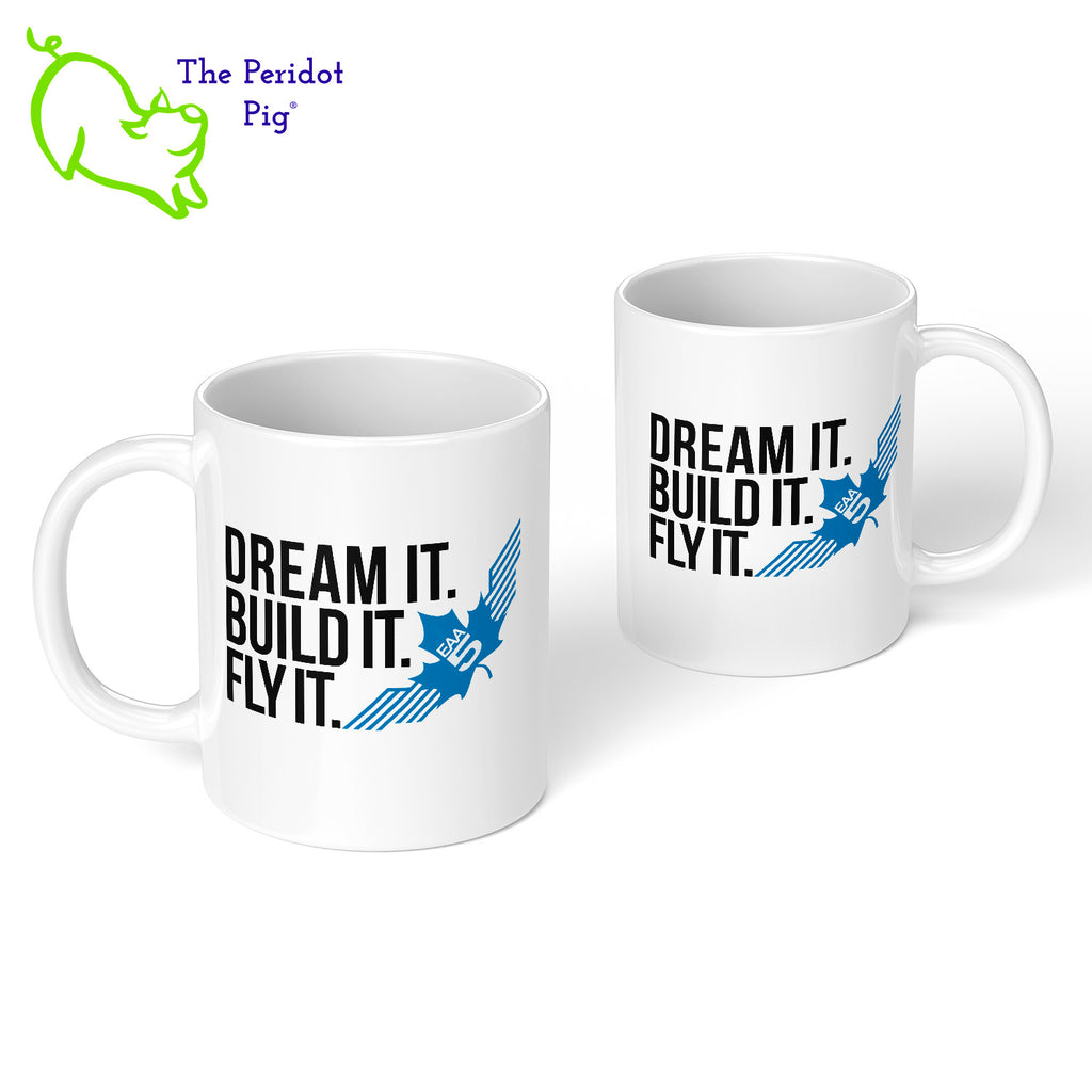 After the caffeine, it's time to fly! This mug features EAA Chapter 5 logo printed in vivid color on a white, glossy ceramic mug. It also includes the saying, "Dream It. Build It. Fly It." The perfect coffee mug for the EAA Chapter 5 member or fan. Front and back view shown.