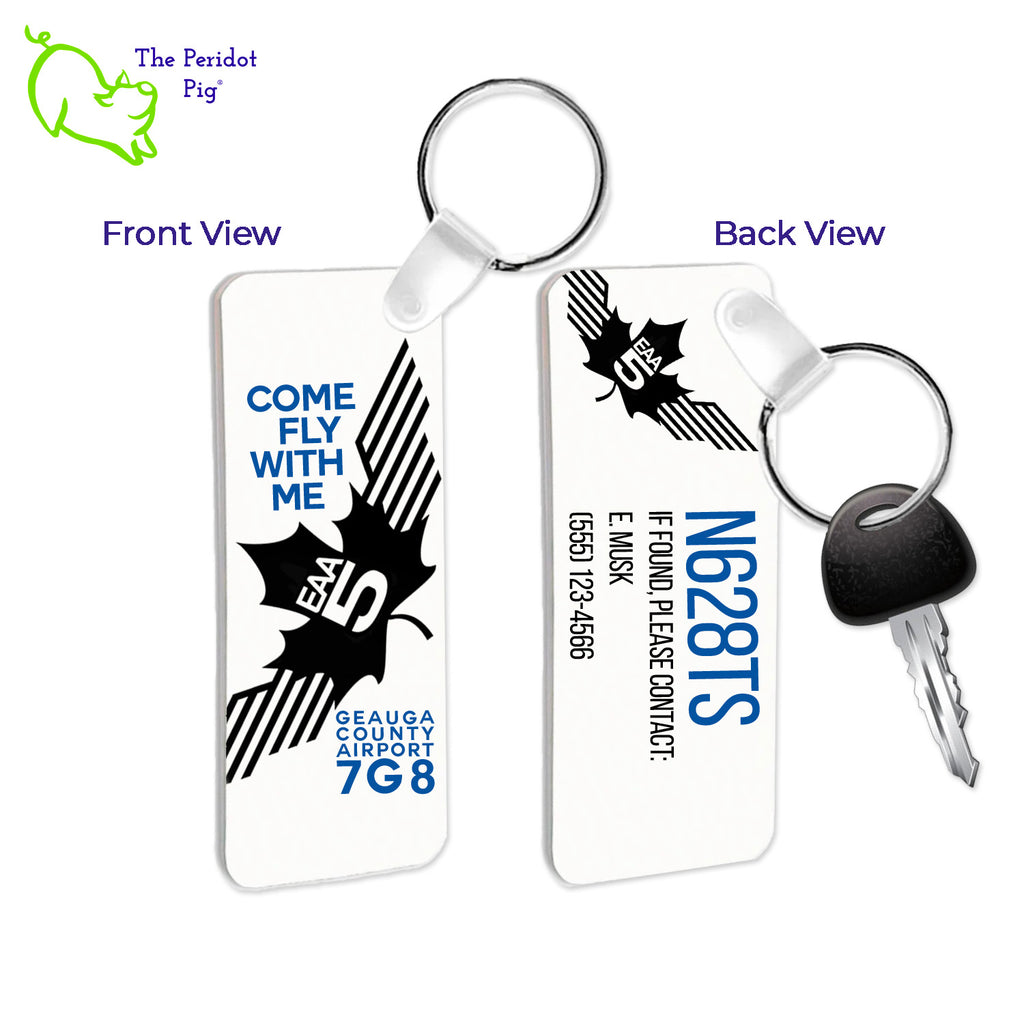 Give your pilot friends the perfect last minute gift: a personalized EAA Chapter 5 Keychain! This key chain is perfect for any set of keys--made from a sturdy FRP plastic, they won't fade, chip, scratch or crease from everyday use. Not to mention, the images on the front and back stay vibrant! An excellent choice for pilots everywhere. Front and back shown with sample text including tail number and contact info.