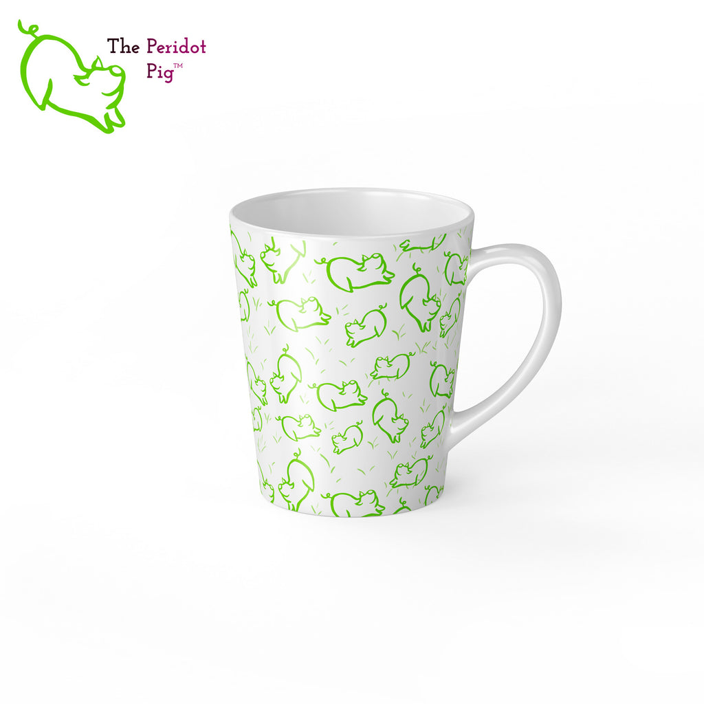 Peri's perky little peridot self is frolicking across this mug. Frolicking so much that you have to call it dancing a pig jig. These latte mugs have a distinctive shape and can be purchased in either a 12 oz or 17 oz size. Right view 12 oz.