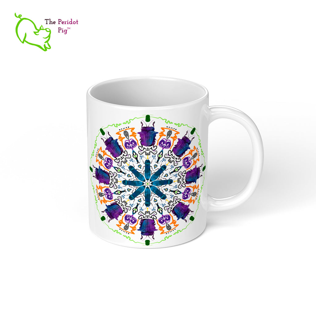 A colorful mandala of beetles graces this 11 oz mug. The larger beetle has shades of violet and blue. The smaller beetle is in a delicate shade of blue. Printed on a glossy white mug, these bugs really pop! Right view