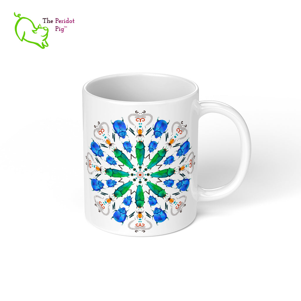 A colorful mandala of beetles graces this 11 oz mug. The center beetles have shades of bright green.  The smaller beetles are blue and orange. Printed on a glossy white mug, these bugs really pop! Right view