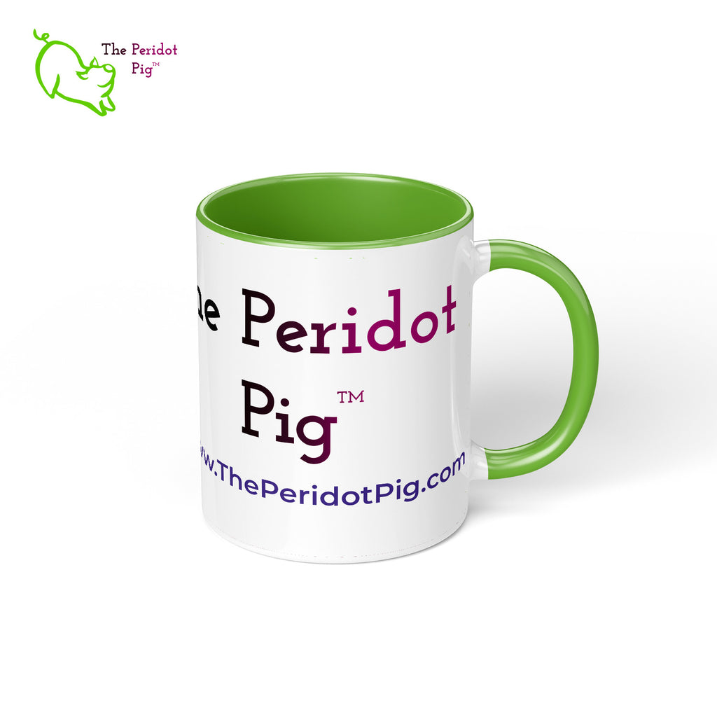 The Peridot Pig Logo Mug with green interior and handle. Right view.