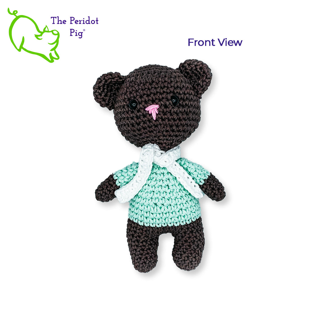 This little bear is the cutest and would be perfect to include in an Easter basket, birthday present or as a stocking stuffer. He's hand crocheted out of soft cotton and will last a lifetime. His cute little scarf is tacked on in the back so it won't get lost. Front view shown.