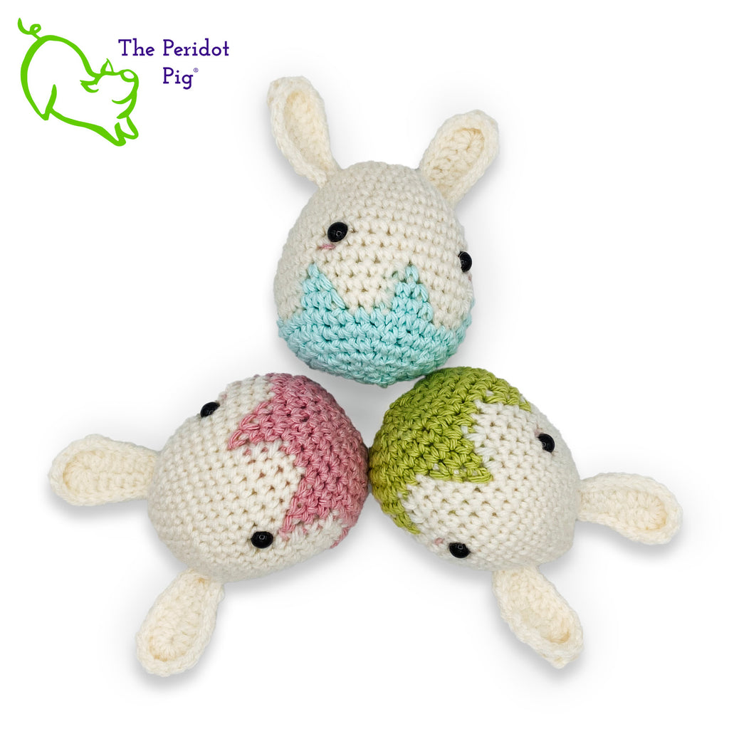 Who knew that Easter Bunnies came from eggs?? We have three styles to choose from. The bunnies are all a soft natural color and the egg remnants are available in blue, pink or green. All three colors shown.