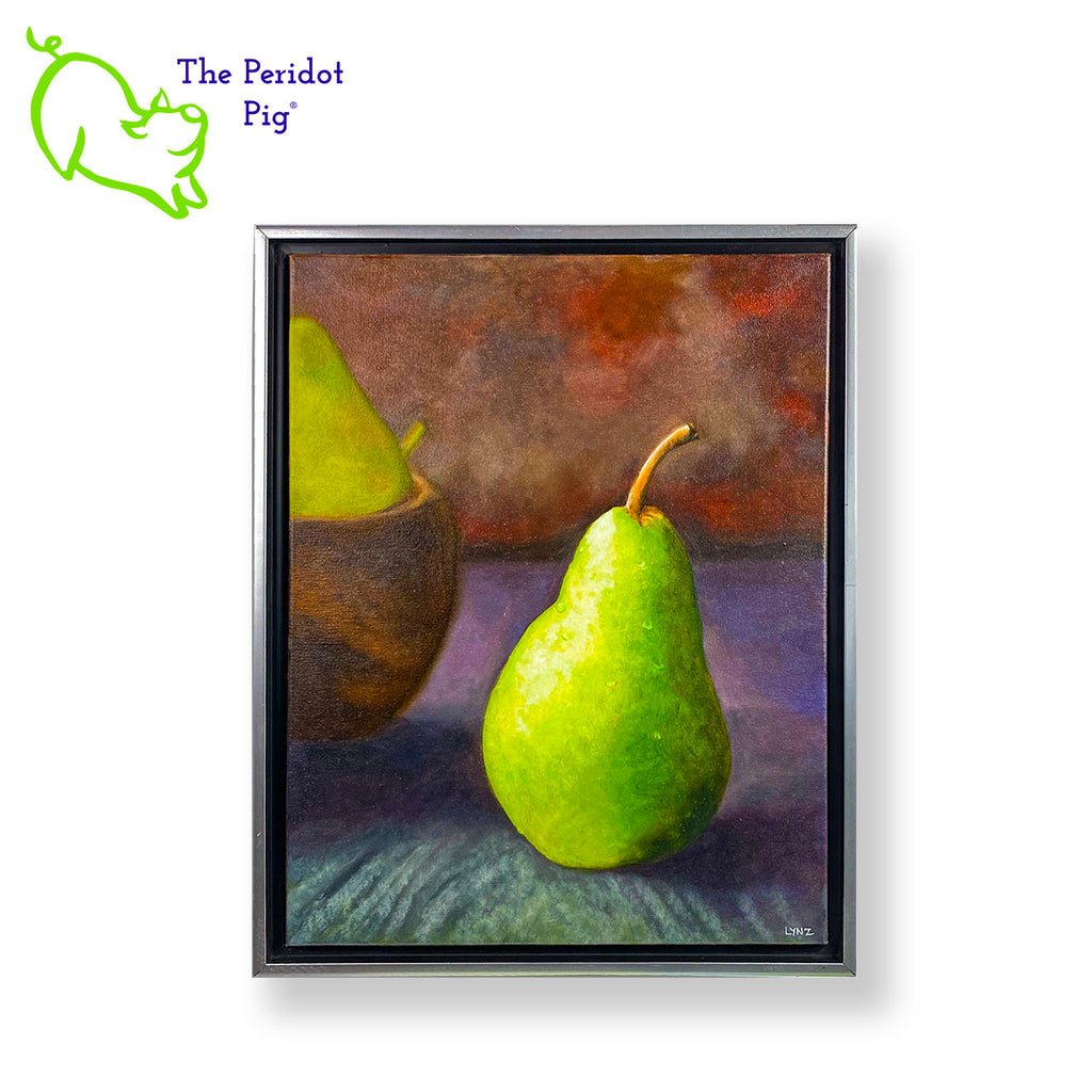 A mockup of a painting of a pear with dew drops and a bowl of pears in the background. Signed "LYNZ" by artist C. Lynn Arnold. Oil on canvas.