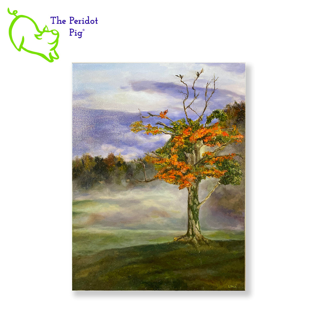 An original oil painting by artist C. Lynn Arnold (signed "LYNZ").  A painting depicting a fading sugar maple.  It's the last one on a hill with a foggy morning backdrop.
