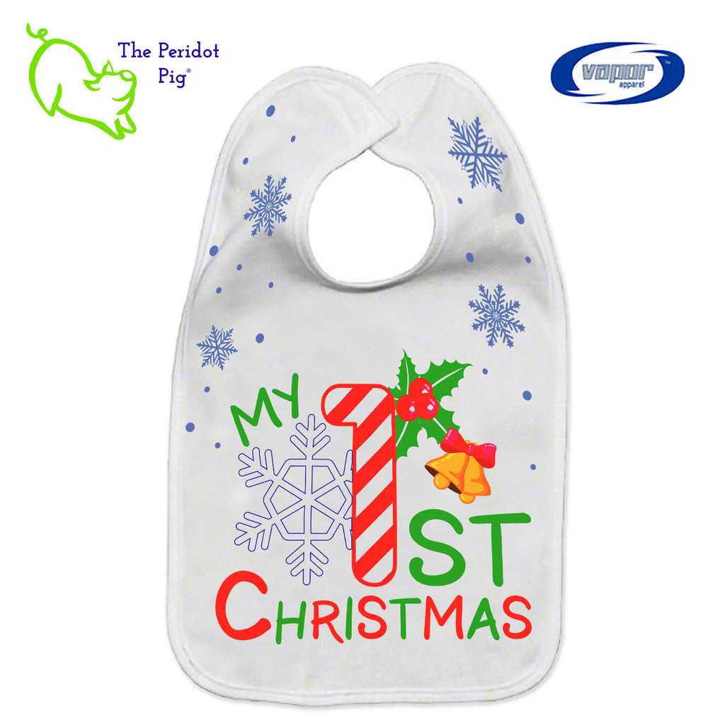 The perfect gift for new parents this Christmas! Adorable and soft, this lovely bib will be a big hit. The bib says, "My 1st Christmas" in bright red and green with blue snowflakes scattered about. Front view shown.