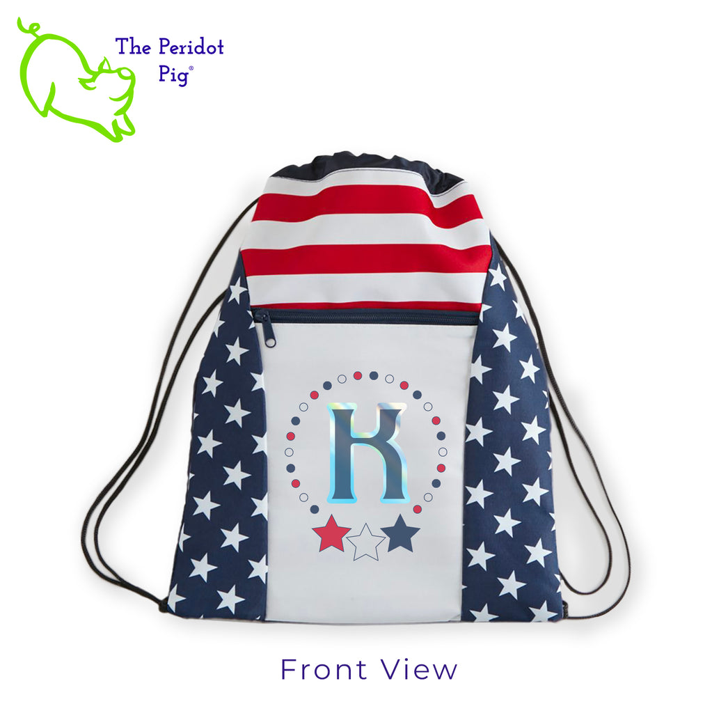 The cinch bag is made from sturdy 600D Denier polyester with a vivid stars and stripes print. We've added a matching monogram and blinged it up a bit with a touch of holographic vinyl on the front zippered pocket. The back is a lighter navy polyester keeping this pack lightweight but very durable. Front view shown.