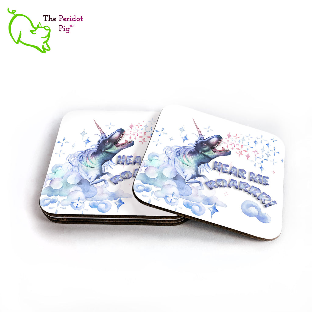 This set of four square coasters is printed in bright colors on either a matte or a gloss coaster. They say "hear me roar" in bright watercolor print. The coasters are printed in a durable ink that won't fade over time. Shown in a stack with one to the right.