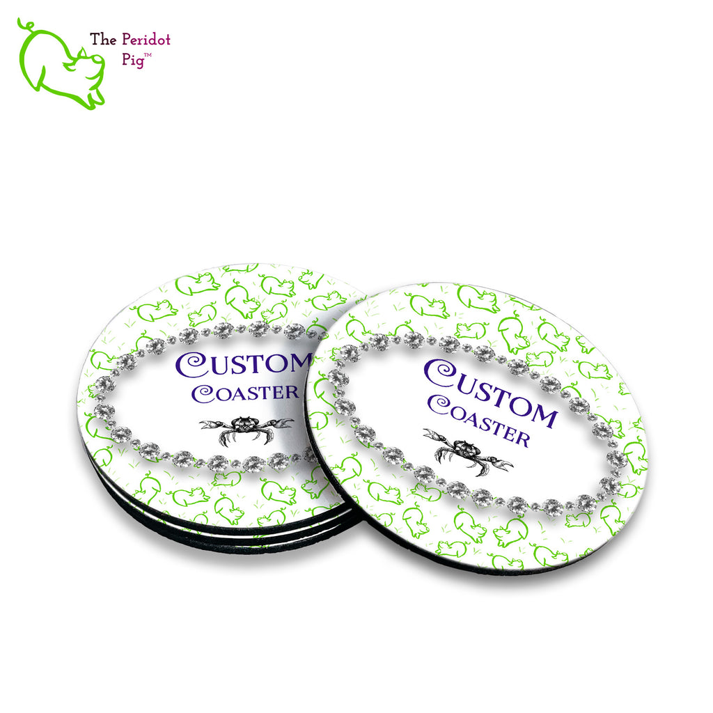 A set of 4 custom round coasters with cork backing. Shown in a stack of 4 with a sample image.