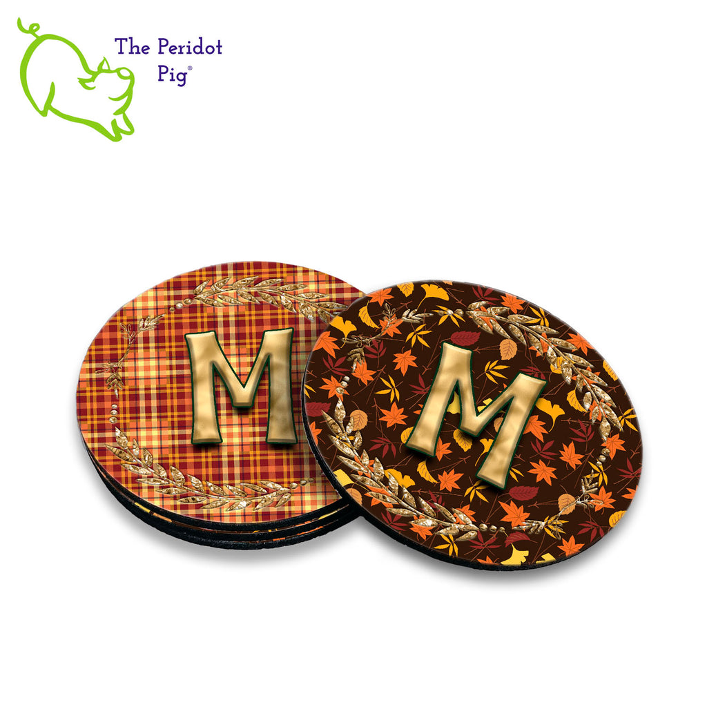 Can't find the perfect gift? How about a set of four monogrammed coasters in fall colors?? These make a perfect birthday, holiday or house warming gift! We've designed these with Autumn leaves in mind and a little 70s throwback vibe. Shown in a stack of four.