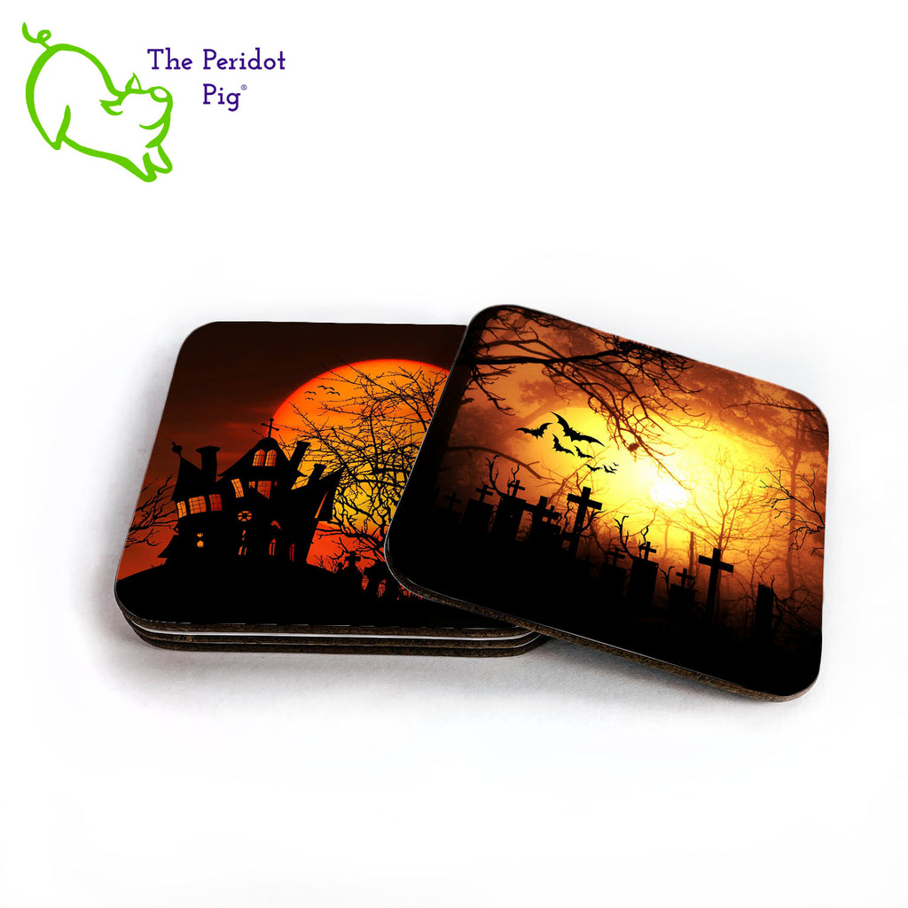Just in time for the Halloween season! The set of four is printed in bright colors on either a matte or a gloss coaster. They feature creepy graveyard scenes for a subtle accessory on your coffee table. The coasters are printed in a durable ink that won't fade over time. Perfect for both hot and cold beverages. Available in gloss or matte finish.