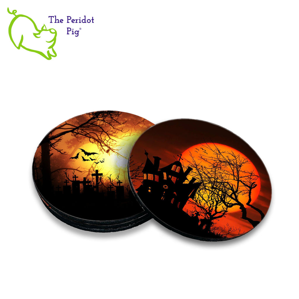 Just in time for Halloween! This set of four round coasters have a creepy graveyard scenes that invoke the Halloween spirit. There are two of each design. They are printed in a permanent ink that won't fade under hot or cold beverages. Shown in a stack.