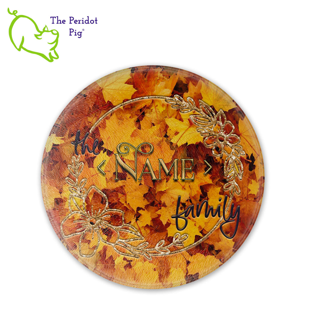 Can't find the perfect gift? How about a personalized glass cutting board in fall colors?? These make a perfect birthday, holiday or house warming gift! We've designed these with Autumn leaves in mind and a little 70s throwback vibe. They are printed in permanent sublimation colors that are vivid and bright. Round version shown with sample name.