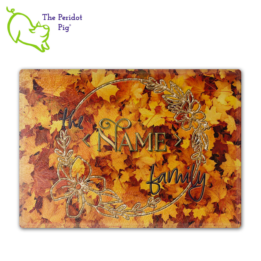 Can't find the perfect gift? How about a personalized glass cutting board in fall colors?? These make a perfect birthday, holiday or house warming gift! We've designed these with Autumn leaves in mind and a little 70s throwback vibe. They are printed in permanent sublimation colors that are vivid and bright. Medium/Large shown with sample name.