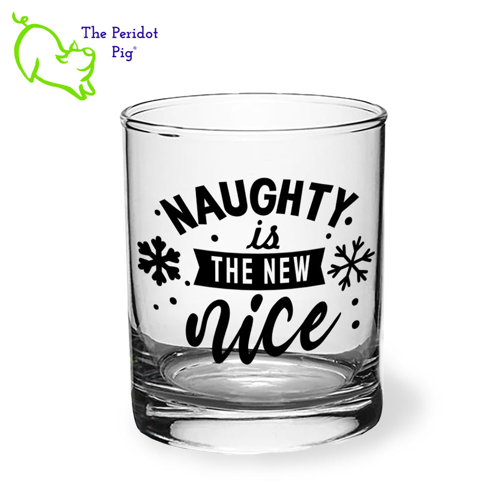 A classic rocks glass with four funny "naughty" sayings on the front in black. The back is undecorated. This 12.5 oz double old fashioned glass is crystal clear and feels great in your hand. These are perfect for the holiday gatherings or a great secret Santa gift! Front view, style C shown.