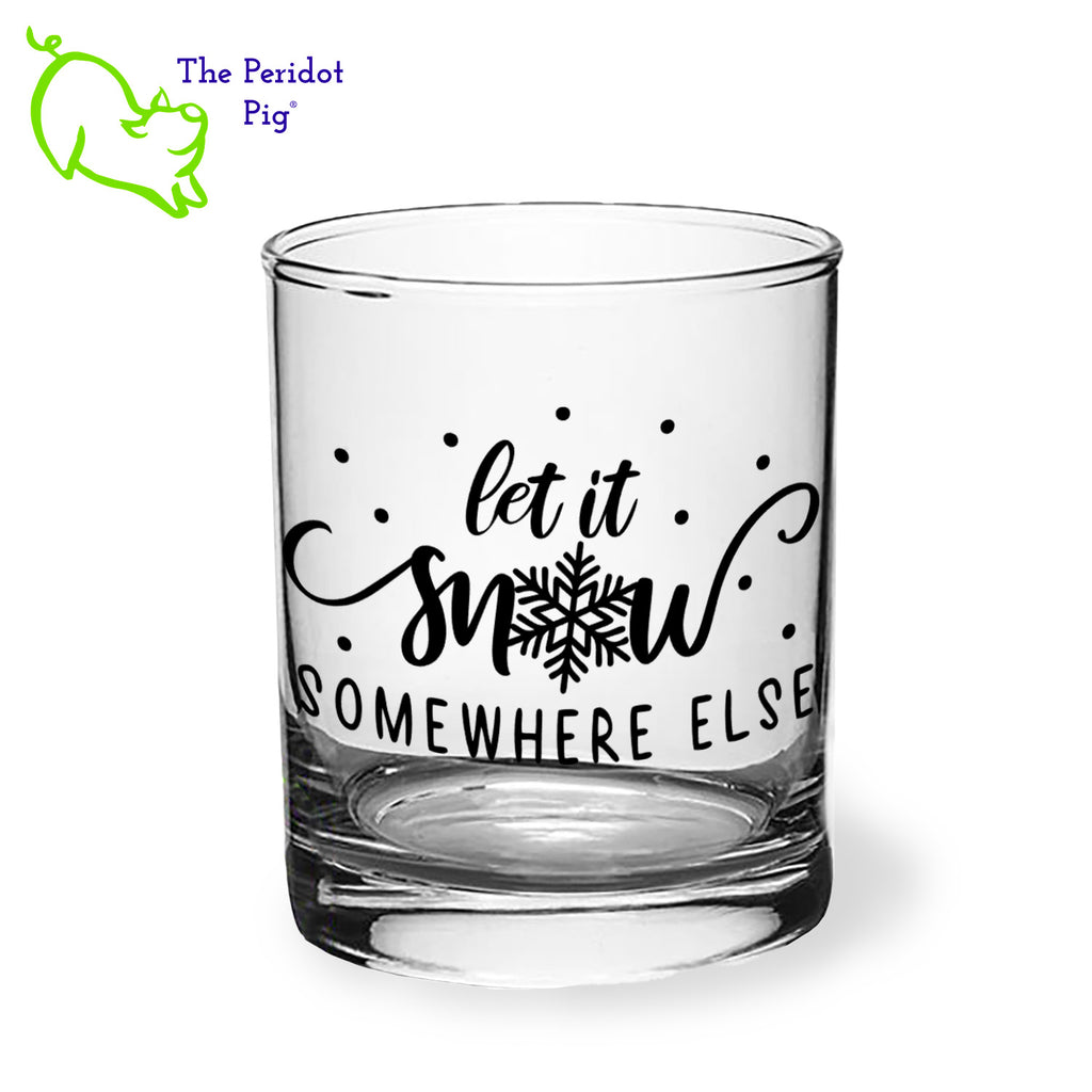 A classic rocks glass with four funny Christmas season sayings on the front in black. The back is undecorated. This 12.5 oz double old fashioned glass is crystal clear and feels great in your hand. These are perfect for the holiday gatherings or a great secret Santa gift! Style A shown, front view.