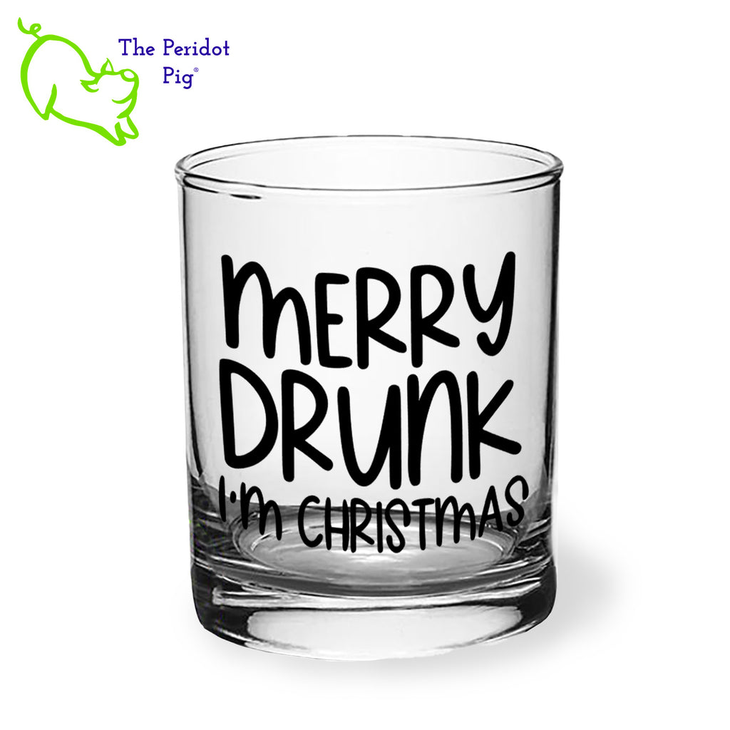 A classic rocks glass with four funny Christmas season sayings on the front in black. The back is undecorated. This 12.5 oz double old fashioned glass is crystal clear and feels great in your hand. These are perfect for the holiday gatherings or a great secret Santa gift! Style D shown, front view.