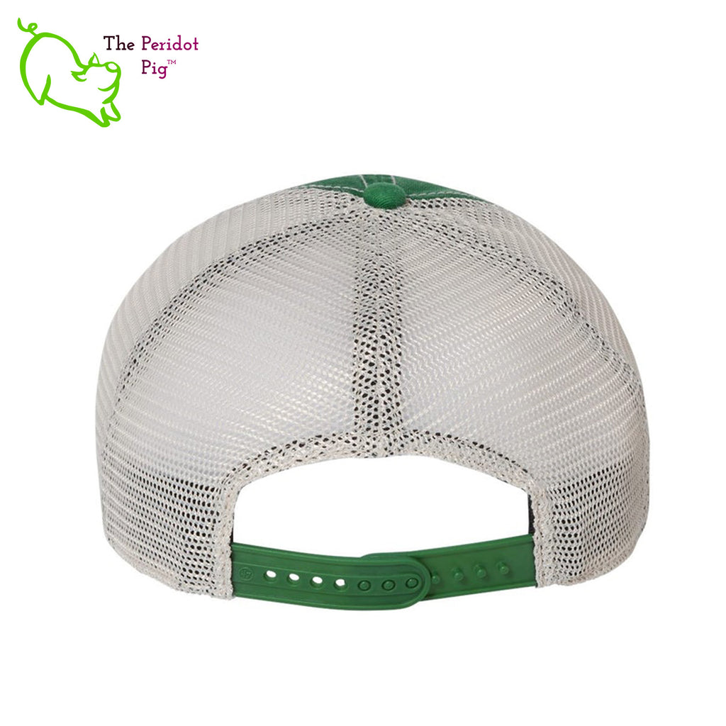 The perfect hat if you're out in the sun and weather all day. Shade in the front and cool mesh in the back. This hat features the Zako Brothers company logo and the words, "Zako Brothers Landscaping" in white lettering. Back view.