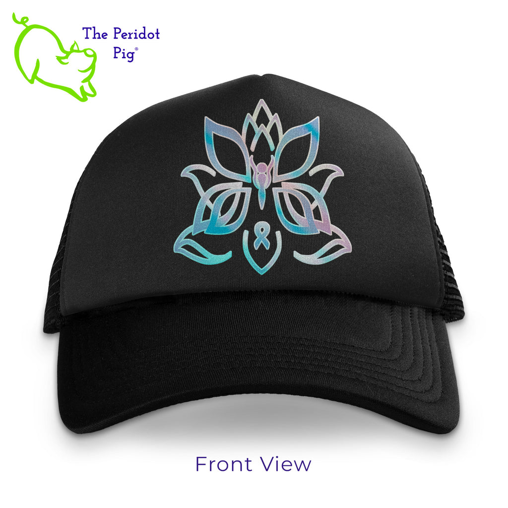 When you're out hiking in the woods, this mesh back structured trucker cap keeps the sun off your face but still stays cool. We're featuring Kristin Zako's All in Life logo on the front, printed on a holographic vinyl. Front view.