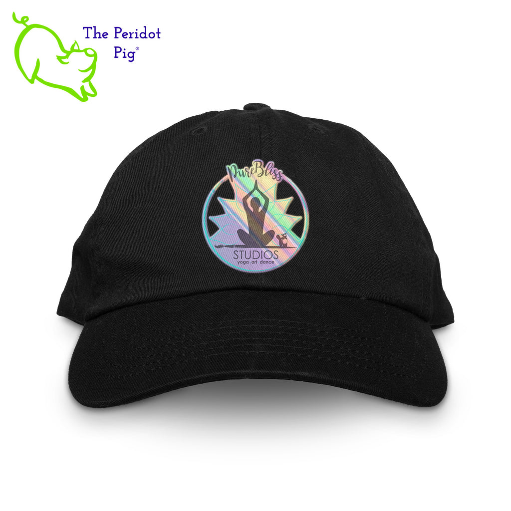 This 6-Panel twill unstructured cap is perfect for a bit of shade or to pull back a pony tail. The PureBliss Studios logo is printed on the front in a fun hologram print. A little "love" is on the back left side as well. Front view shown in black.