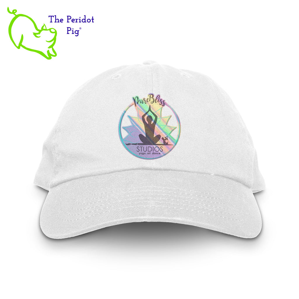 This 6-Panel twill unstructured cap is perfect for a bit of shade or to pull back a pony tail. The PureBliss Studios logo is printed on the front in a fun hologram print. A little "love" is on the back left side as well. Front view shown in white.