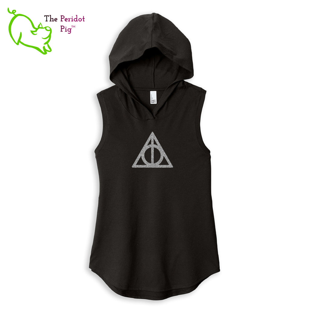 A perfect shirt for the HP fan featuring a silver glitter Deathly Hallows design. This sweet little hoodie tank is super soft, lightweight, and form-fitting (but not too tight in the mid-section) with a flattering cut. The arm holes have a finished rib knit edging. The front features a Deathly Hallows symbol in silver glitter vinyl and the back is blank. Front view shown in black.