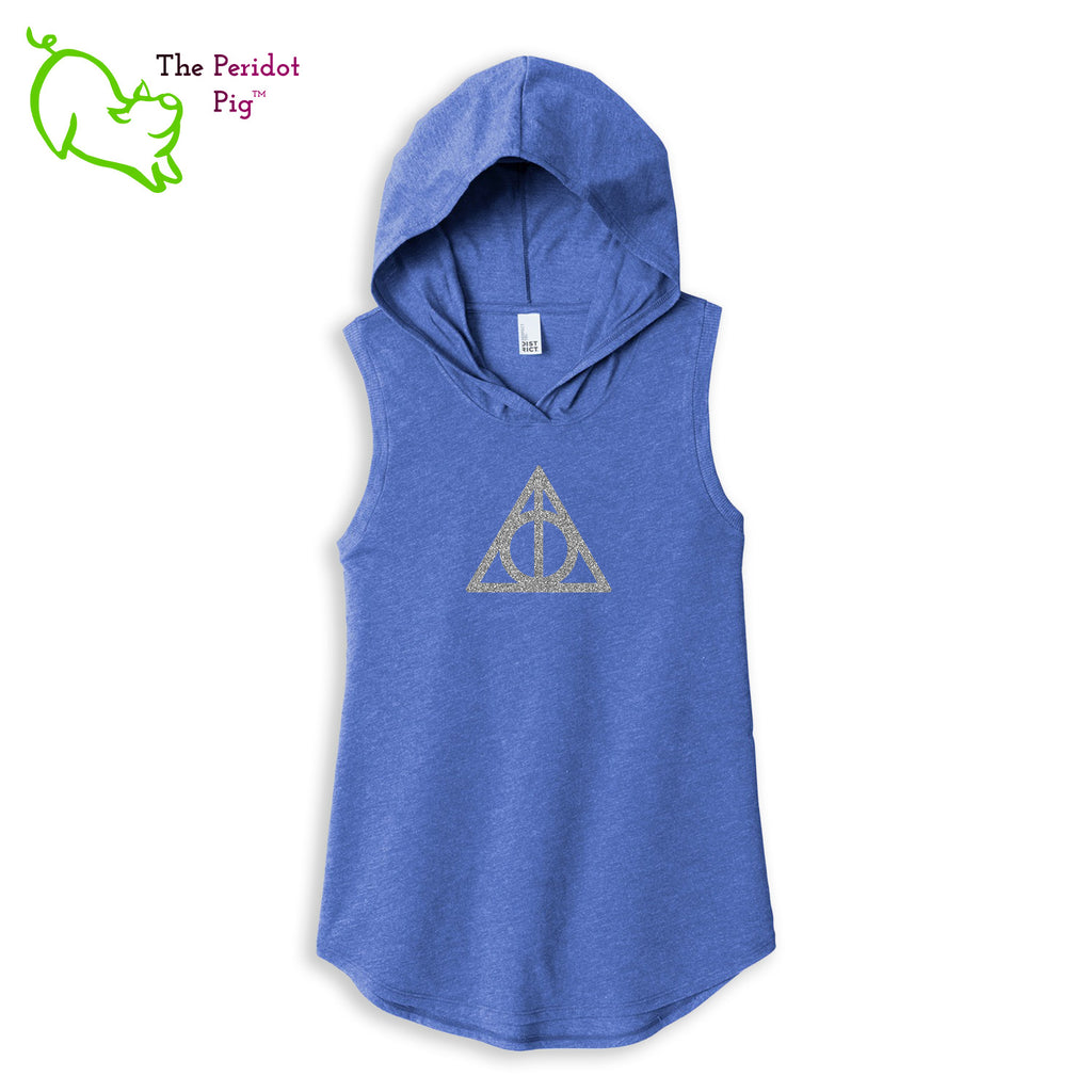 A perfect shirt for the HP fan featuring a silver glitter Deathly Hallows design. This sweet little hoodie tank is super soft, lightweight, and form-fitting (but not too tight in the mid-section) with a flattering cut. The arm holes have a finished rib knit edging. The front features a Deathly Hallows symbol in silver glitter vinyl and the back is blank. Front view shown in blue.