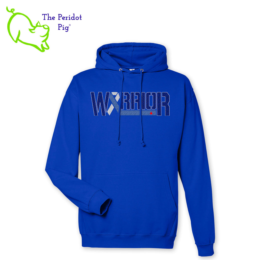 These hoodies are now available to celebrate November being National Diabetes Month. Here's a medium-weight comfy pullover hoodie featuring the word "Warrior" and the Diabetes Type 1 ribbon on the front. The image is crafted in dark blue holographic vinyl with silver and light blue glitter as well. The turquoise version has a gray contrasting hood interior and gray strings. Front view shown in Royal Blue.