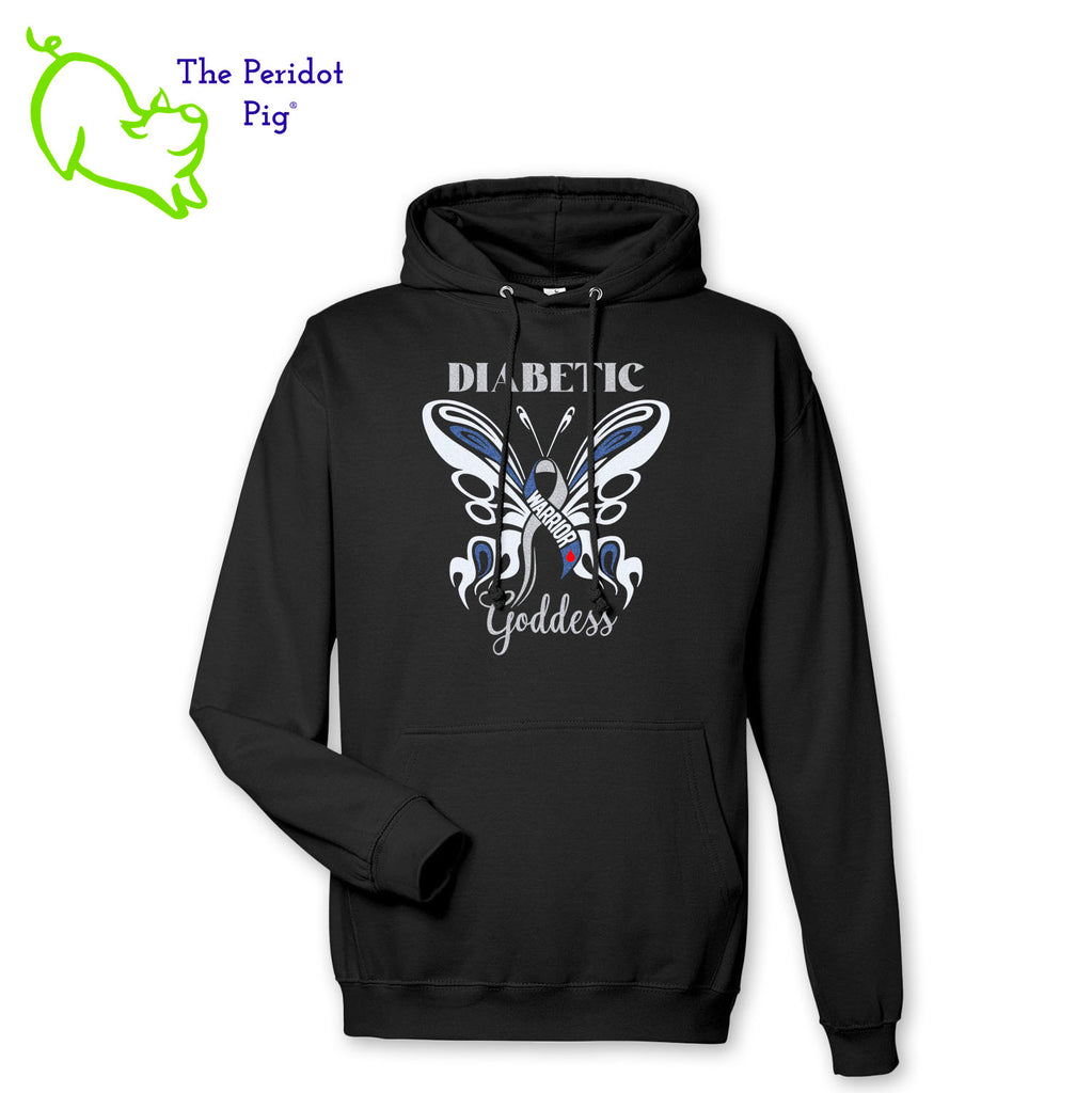 These hoodies are now available to celebrate November being National Diabetes Month. Here's a medium-weight comfy pullover hoodie featuring the words "Diabetic Warrior Goddess" and the Diabetes Type 1 ribbon surrounded by a stylistic butterfly on the front. The image is crafted in dark blue holographic vinyl with silver and light blue glitter as well. The turquoise version has a gray contrasting hood interior and gray strings. Front view shown in Black.