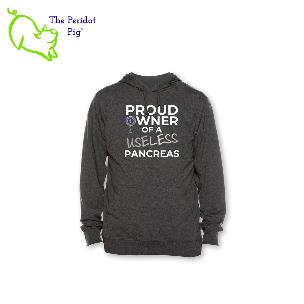 Our Type 1 Diabetes "Proud Owner of a Useless Pancreas" long sleeve t-shirt hoodie is a light-weight version of your classic pullover hoodie. The front features the saying "Proud owner of a useless pancreas" with our take on the Type 1 Diabetes logo. The back is blank. The image is a very thin, soft vinyl primarily in white. The outline of the logo and "useless" are in silver with a touch of blue in the diabetes circle. Front view shown.