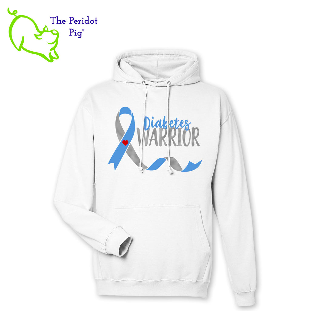 Fall is here and we need some warm gear! These hoodies are now available to celebrate November being National Diabetes Month. Here's a medium-weight comfy pullover hoodie featuring the words "Diabetes Warrior" and the Diabetes Type 1 trailing ribbon on the front. The image is crafted in silver and blue vinyl with a little touch of a red heart. Shown in white, front view.